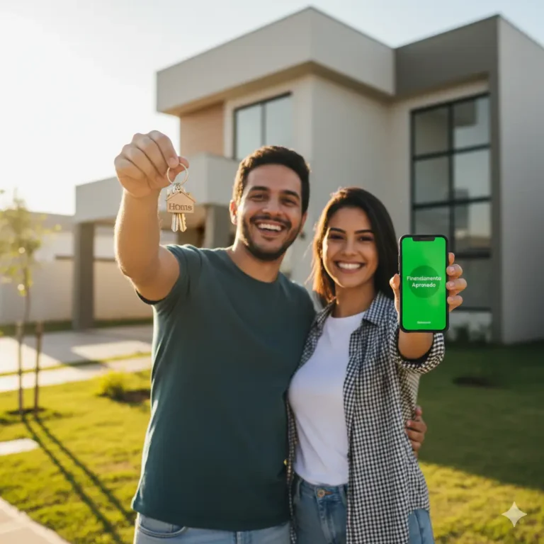 Casal comemorando aprovação de financiamento de imóvel 100% sem entrada em 2026